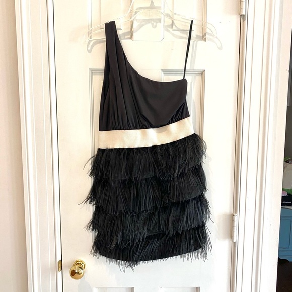 KARLIE Tuckernuck One Shoulder Tiered Black Feather Mini Dress Cocktail Party - Picture 6 of 12